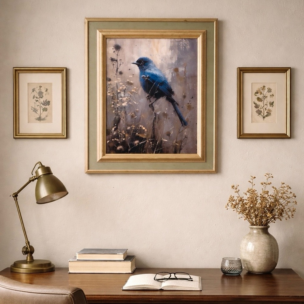 Blue Bird Framed Wall Art - Blue and Neutral Tones